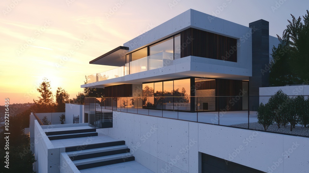 3D rendering of a modern house at sunset, with white concrete walls, glass railings, and black wood accents 3D rendering of a modern house at sunset, with white concrete walls, glass railings, and black wood accents
