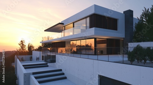 3D rendering of a modern house at sunset, with white concrete walls, glass railings, and black wood accents