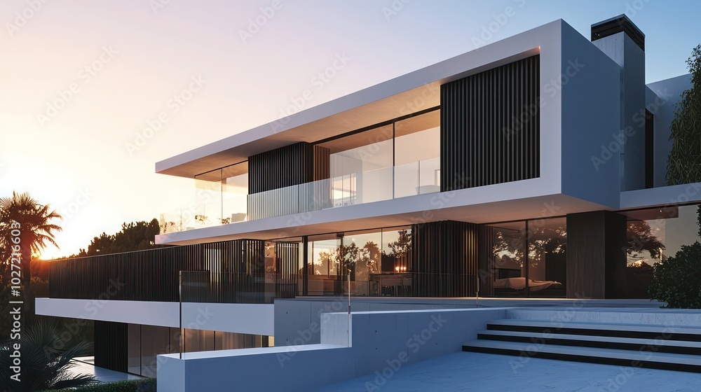 3D rendering of a modern house exterior at sunset, featuring white concrete, black wood slats, and large glass railings 3D rendering of a modern house exterior at sunset, featuring white concrete, black wood slats, and large glass railings