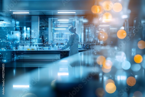 Futuristic lab presented in an abstract, blurry image focusing on cleanliness.
