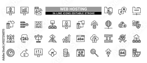 36 Web Hosting Line Icons Set Pack Editable Stroke Vector Illustration.