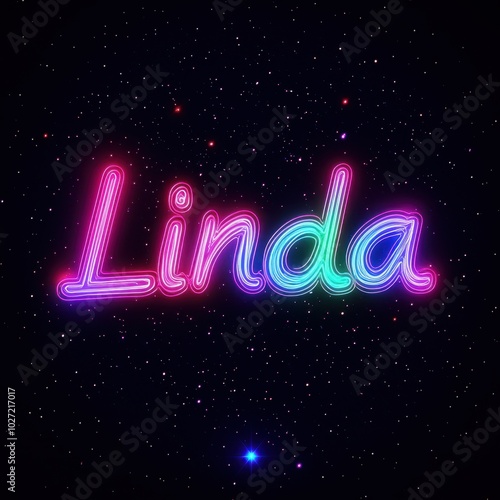 Colorful neon text 'Linda' glowing against a starry night sky background.