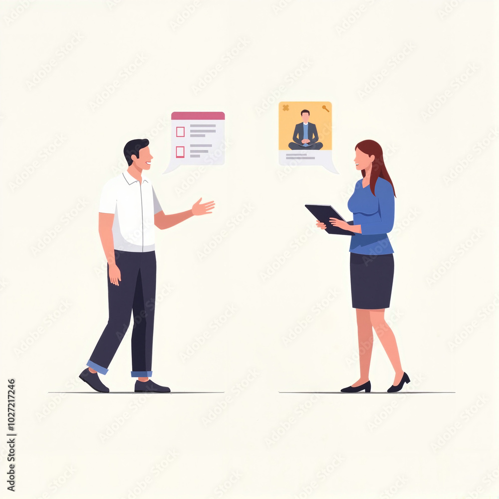 Business people discussing professional topics with speech bubbles on a minimalist background Business people discussing professional topics with speech bubbles on a minimalist background