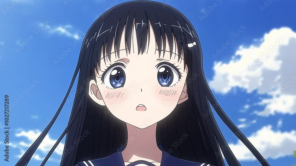 Anime girl with blue eyes and long black hair looking up at the cloudy ...