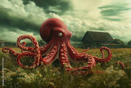 animal art, octopus in red color in a field, tentacle towering over the scene, clouds in the sky, farm house background, kraken exoteric fantasy, photorealistic photo