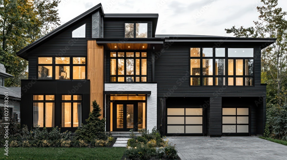 Contemporary black and white house with large windows, wood detailing, and an elegant, modern design Front view with garage Contemporary black and white house with large windows, wood detailing, and an elegant, modern design Front view with garage