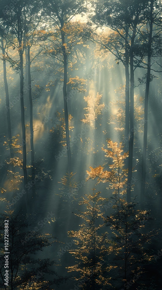 Fototapeta premium Golden Sunlight Through Foggy Forest