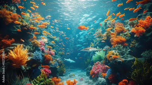 An enchanted very colorful underwater world with lots of different species of fish and sharks and octopus.