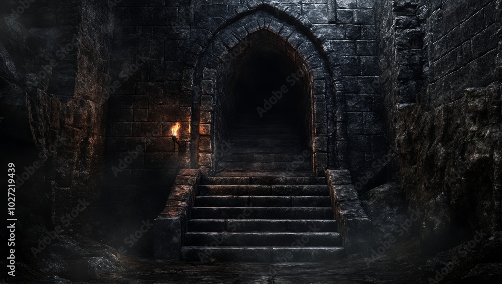 A dark, foreboding stone doorway with a flickering torch and stone steps leading into the unknown. A dark, foreboding stone doorway with a flickering torch and stone steps leading into the unknown.