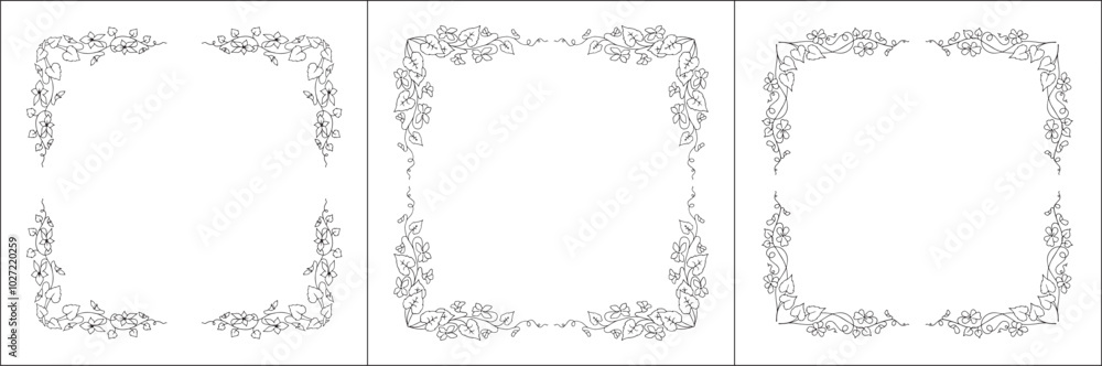 Set of three vegetal vector frames with violet flowers and leaves. Black and white. Vector frame for all sizes and formats. Isolated vector illustration. Set of three vegetal vector frames with violet flowers and leaves. Black and white. Vector frame for all sizes and formats. Isolated vector illustration.