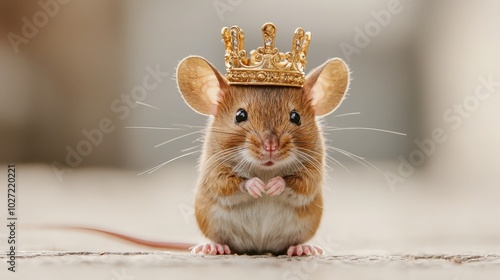 close-up of a cute little mouse wearing a golden crown on its head photo