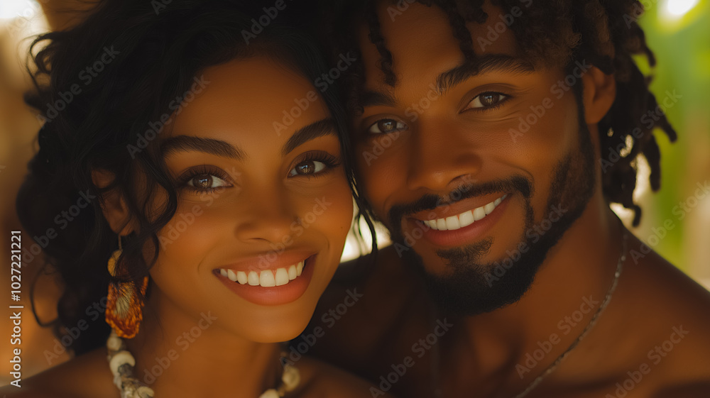 A man and a woman are smiling at the camera. The woman is wearing a necklace and the man is wearing a necklace A man and a woman are smiling at the camera. The woman is wearing a necklace and the man is wearing a necklace