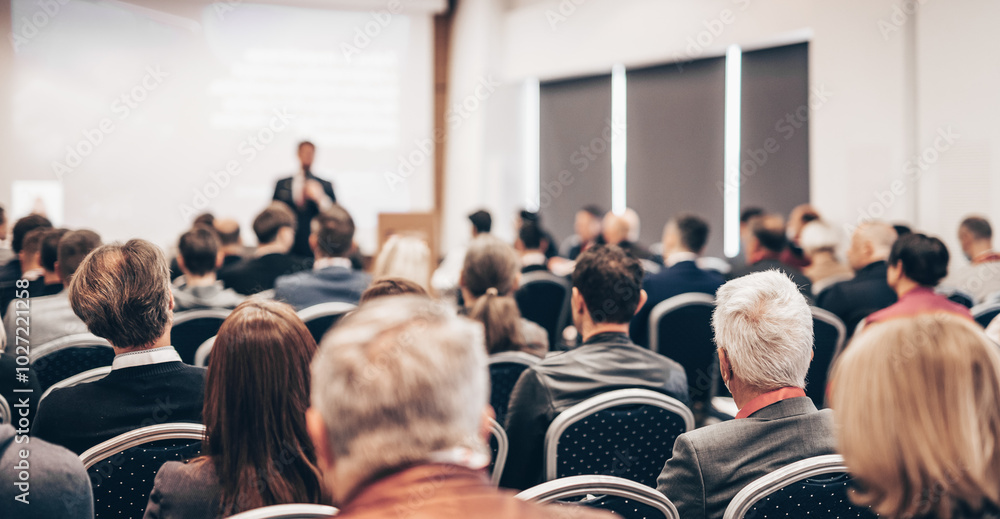 Speaker giving a talk in conference hall at business event. Rear view of unrecognizable people in audience at the conference hall. Business and entrepreneurship concept Speaker giving a talk in conference hall at business event. Rear view of unrecognizable people in audience at the conference hall. Business and entrepreneurship concept