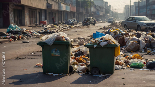 cityscape reveals a residential area plagued by pollution: parked vehicles surround overflowing garbage bins filled with plastic, food waste, and broken glass, highlighting a pressing hygiene issue.