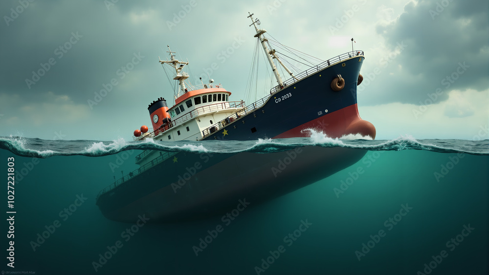 Naklejka premium Ein Schiff versinkt im Wasser