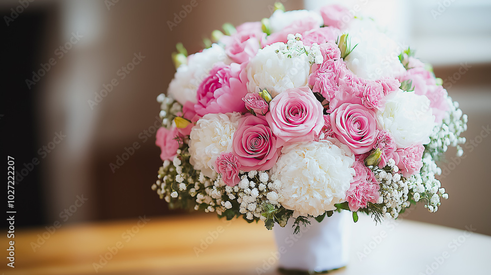 Obraz premium Bouquet of pink and white roses and peonies in a vase