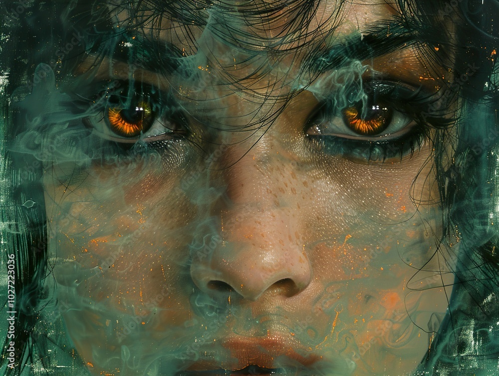 Intense Gaze: A Woman's Face Through a Veil of Smoke Intense Gaze: A Woman's Face Through a Veil of Smoke