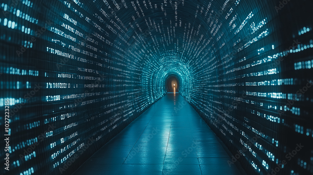 A tunnel with a light at the end. The tunnel is filled with blue and white lines. The light is the only source of color in the tunnel A tunnel with a light at the end. The tunnel is filled with blue and white lines. The light is the only source of color in the tunnel