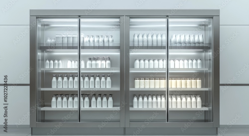 A refrigerated glass display case filled with rows of white milk bottles and cartons.