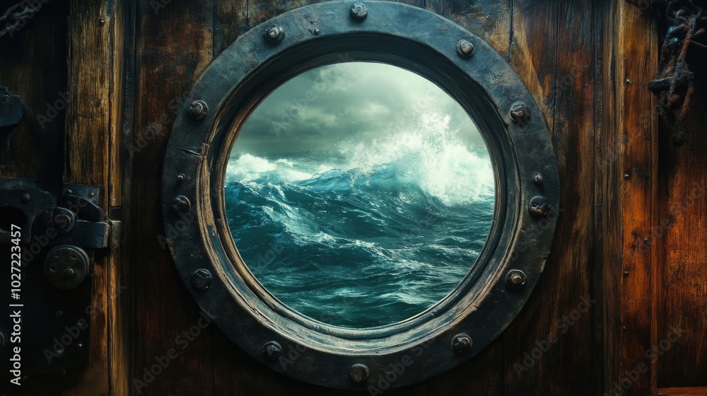 A round porthole on a wooden ship reveals a stormy sea with large waves crashing against a dark, cloudy sky.