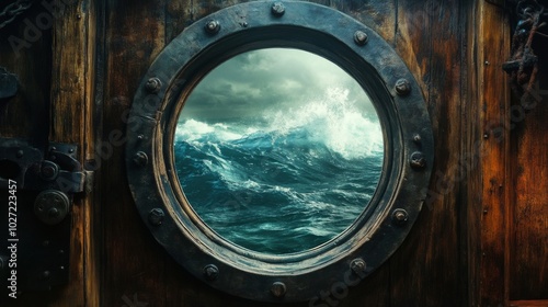 Obraz na płótnie A round porthole on a wooden ship reveals a stormy sea with large waves crashing against a dark, cloudy sky. w salonie