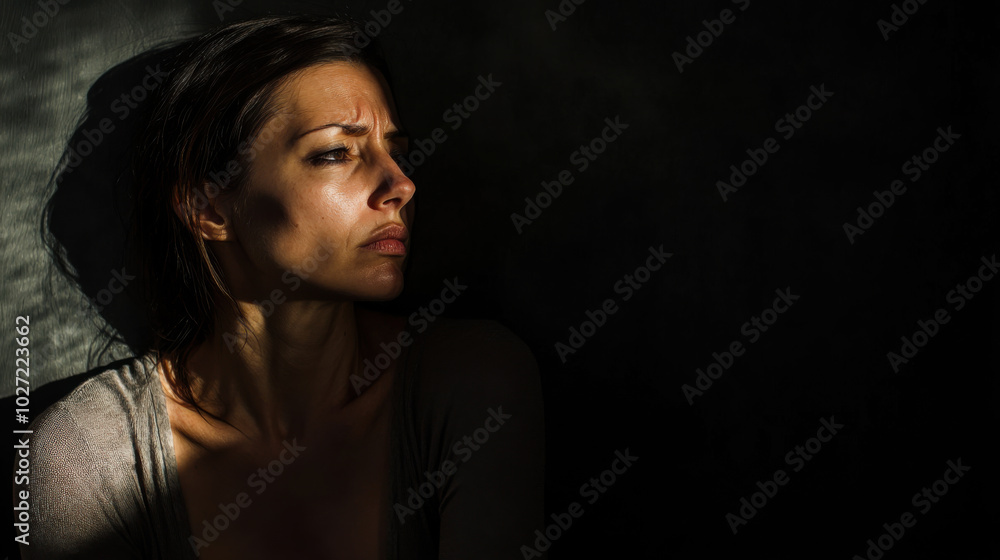 A woman struggles with distress in a dimly lit room during late evening A woman struggles with distress in a dimly lit room during late evening