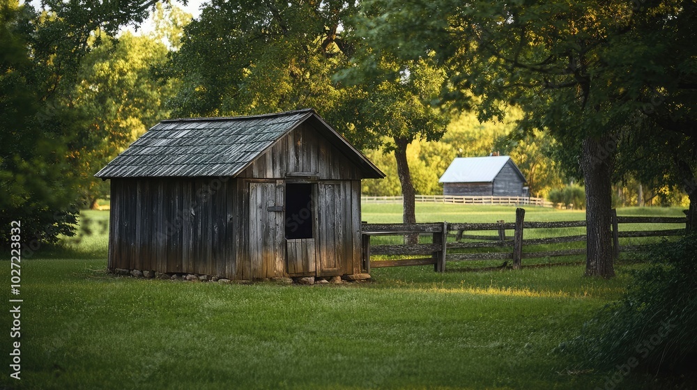 Fototapeta premium Rustic Wooden Shed in Scenic Green Landscape