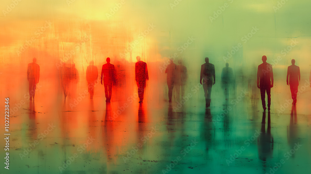 A group of people walking in the rain. The people are all wearing dark clothes and are walking in a line. The image has a moody and somber feel to it, as the people are walking in the rain A group of people walking in the rain. The people are all wearing dark clothes and are walking in a line. The image has a moody and somber feel to it, as the people are walking in the rain