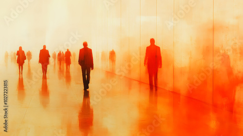 A group of people walking down a street in the rain. The people are wearing dark clothing and the street is wet