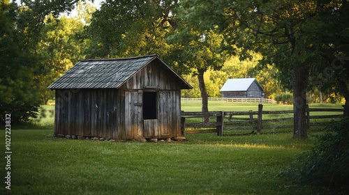 Rustic Wooden Shed in Scenic Green Landscape