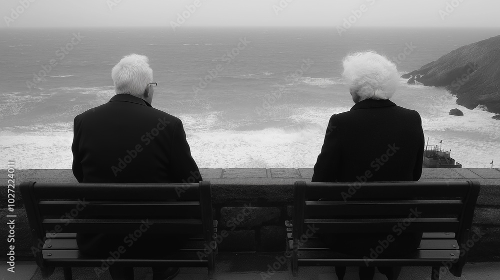 Fototapeta premium Two men sitting on a bench by the ocean. One of them is wearing a tie. The other man is wearing a hat