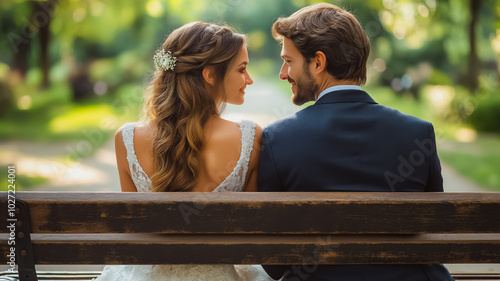 Fototapeta Naklejka Na Ścianę i Meble -  A man and a woman are sitting on a bench. The woman is wearing a wedding dress