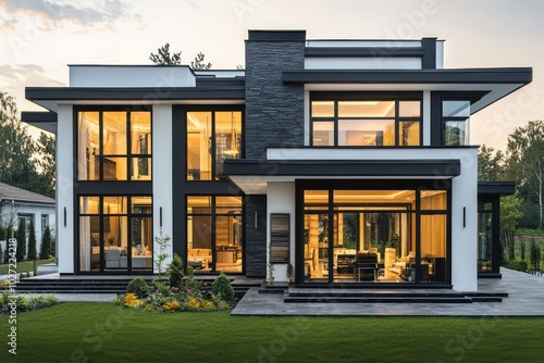 Contemporary house with a sophisticated black and white palette, large windows, and elegant wood accents photo