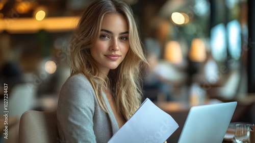 Focused businesswoman holding documents, sitting at desk with laptop in modern office, professional workspace, serious expression, corporate lifestyle, confident and determined, working