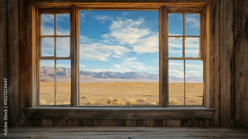 Fototapeta premium A rustic wooden window frame with three panes looks out onto a vast, dry desert landscape with mountains in the distance under a bright blue sky with white clouds.