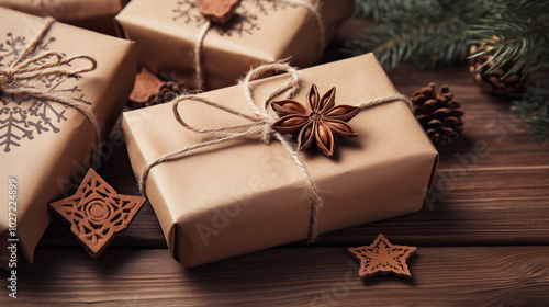 ECO Christmas gift wrapping. Close-up of beautifully wrapped Christmas gifts using sustainable materials. Brown kraft paper decorated with sprigs of fresh pine, cinnamon sticks, and twine. 