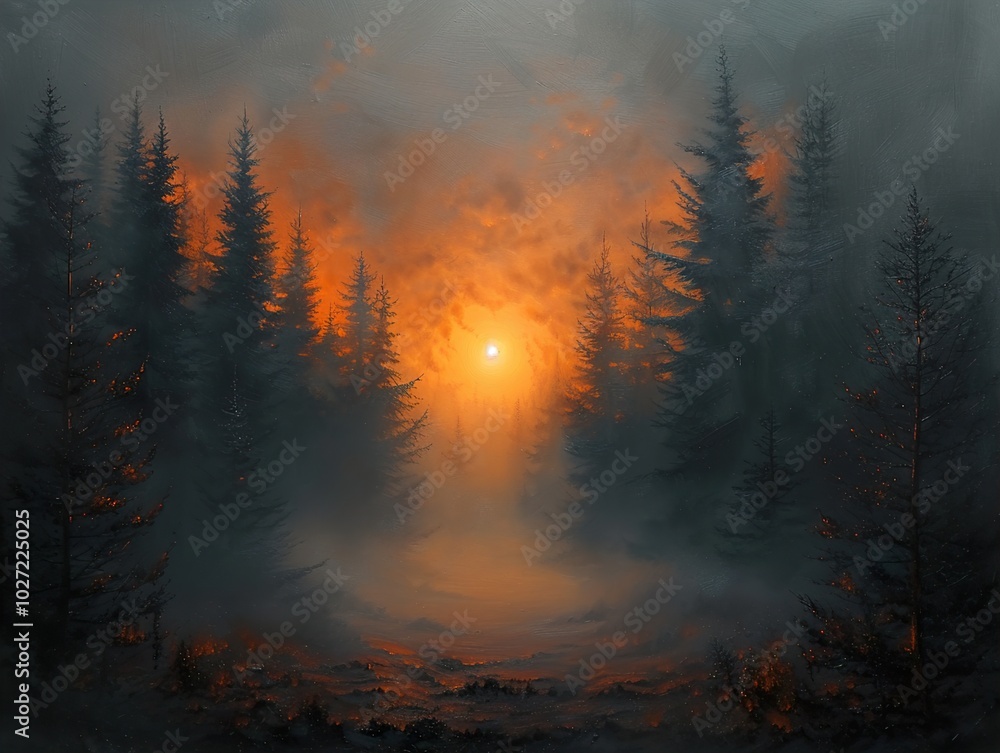 Fototapeta premium Sunset in the Forest: A Mystical Landscape Painting