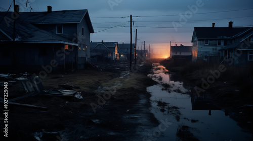 Distraction in a suburban neighborhood after a flood, broken houses, ruins,