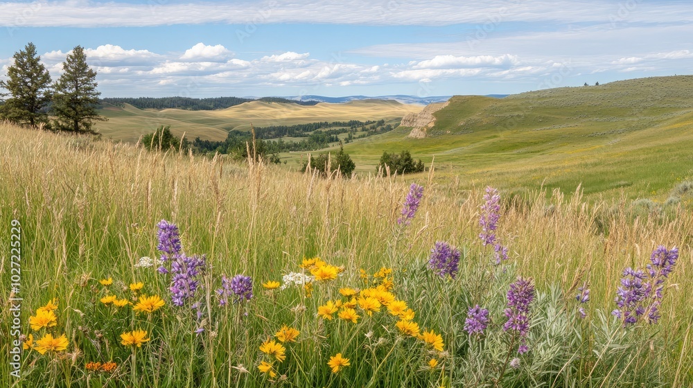 Obraz premium Scenic Meadow with Wildflowers and Rolling Hills