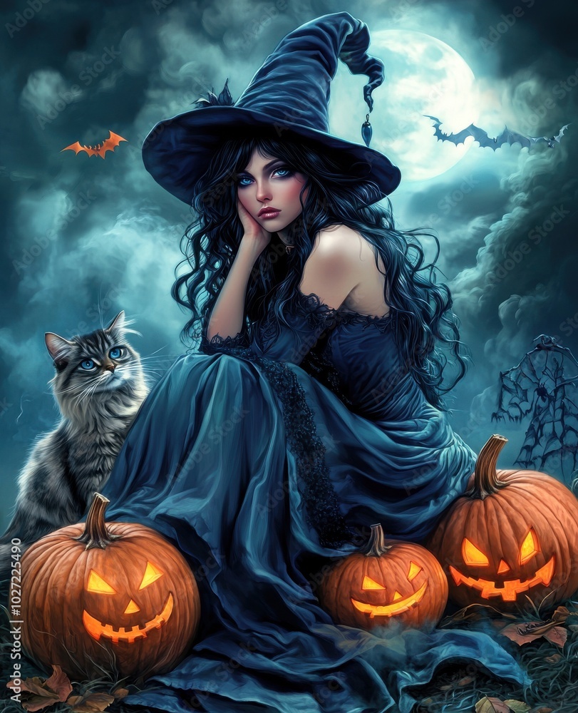 A mystical witch with a blue gown sits among carved pumpkins, a cat by her side, under a moonlit sky. A mystical witch with a blue gown sits among carved pumpkins, a cat by her side, under a moonlit sky.