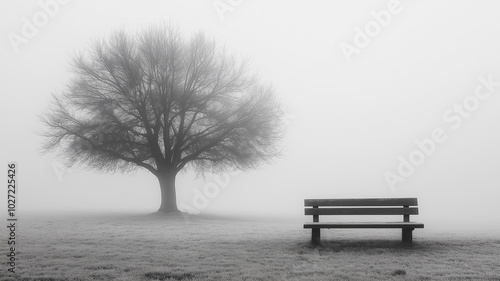 A bench sits in front of a tree in a foggy field