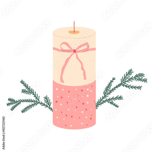 Christmas candle with bow and pine branch. Winter holidays baubles. Vector hand drawn illustration isolated on white background.