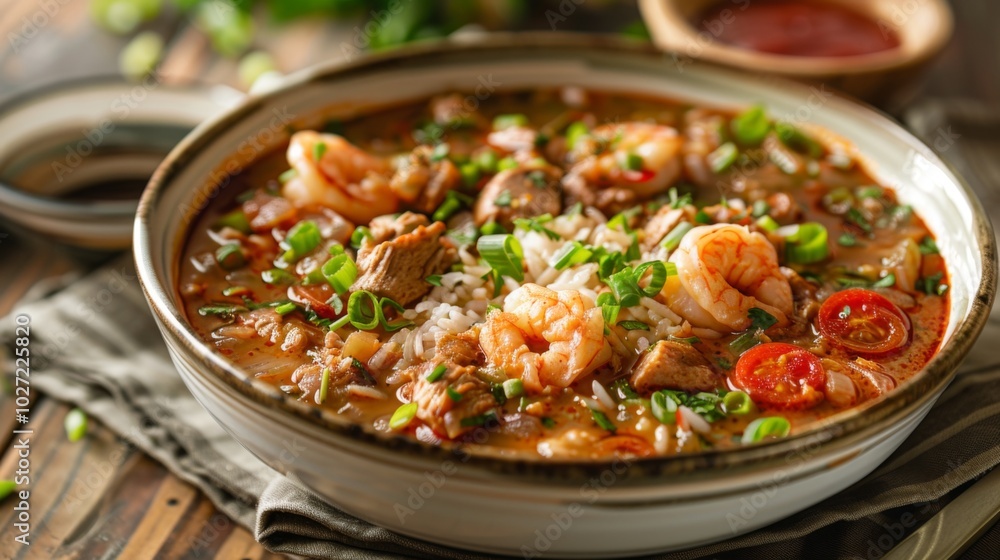 Delicious Shrimp and Sausage Gumbo in a Bowl Delicious Shrimp and Sausage Gumbo in a Bowl