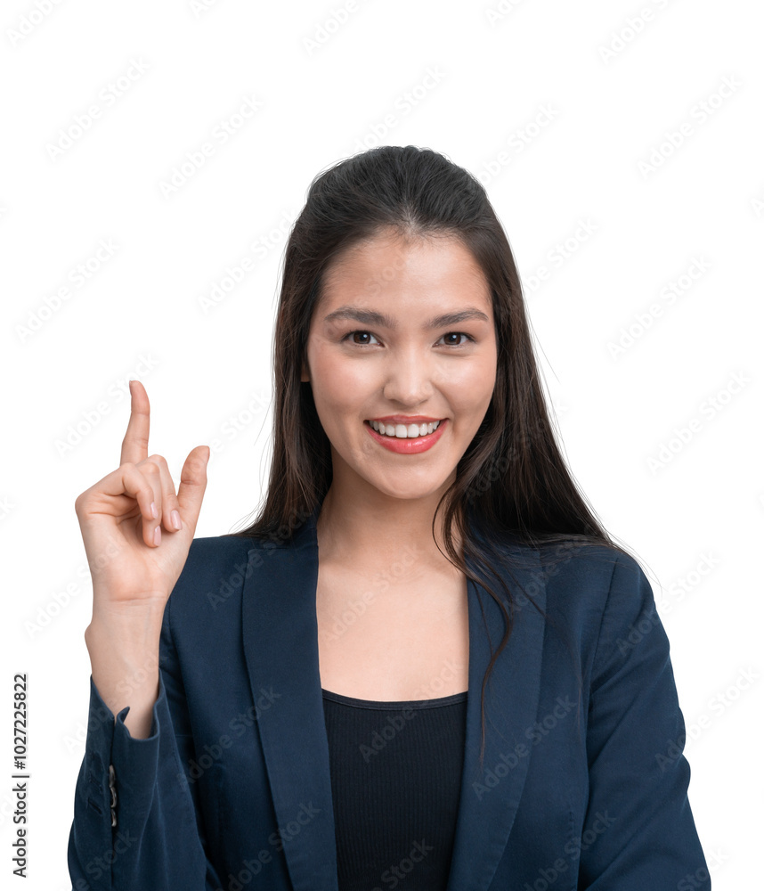 A cheerful woman in a dark blazer pointing upwards, isolated on a white background, conveying a concept of positivity and engagement A cheerful woman in a dark blazer pointing upwards, isolated on a white background, conveying a concept of positivity and engagement