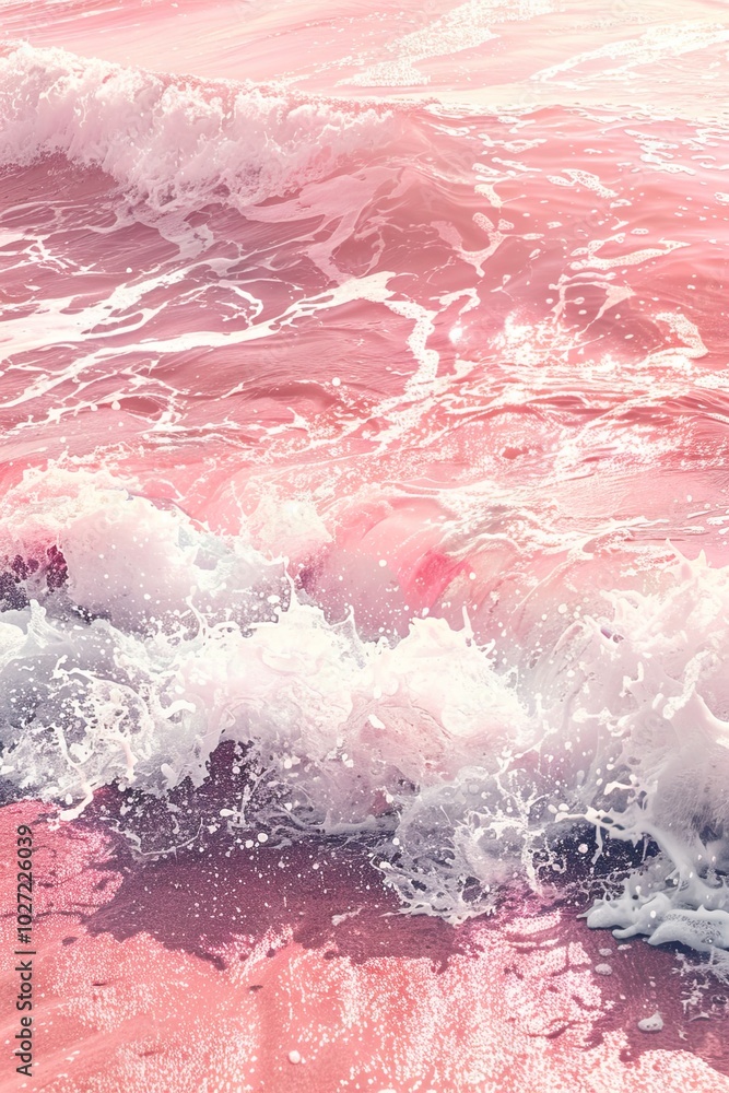Fototapeta premium Pink white beach with waves, retro photography with sunset light, summer poster