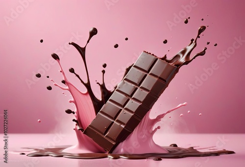 Chocolate and milk splash in pink background photo