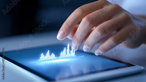 Close-up of a hand interacting with a digital tablet displaying a glowing graph, representing technology and data analysis. photo