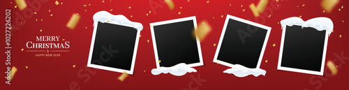 Merry Christmas banner with confetti, snow caps, snow drifts and vintage instant photo frames for christmas and happy new year promotion banner design on red background