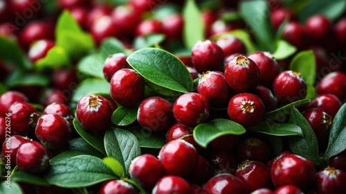 Close-up image of ripe cranberries with green leaves, showcasing their vibrant red color and glossy texture. The fresh berries are packed together, presenting a rich, natural look.