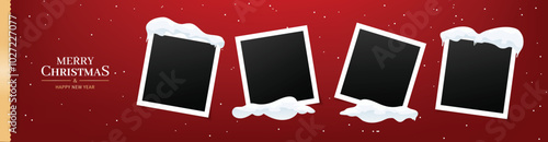 Merry Christmas horizontal banner with 4 instant vintage photo frames. Falling snow on red background. Banner template, golden text Merry Christmas and Happy New Year. White snowdrifts, snow caps.